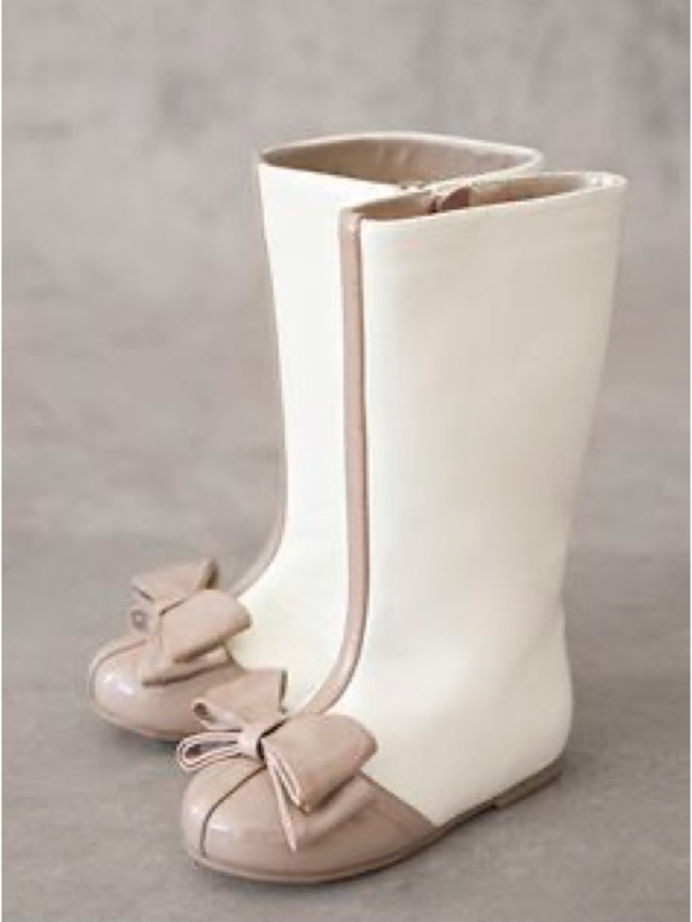 Joyfolie Cream and Beige Bow-Trim Mid-Calf Heeled Boots